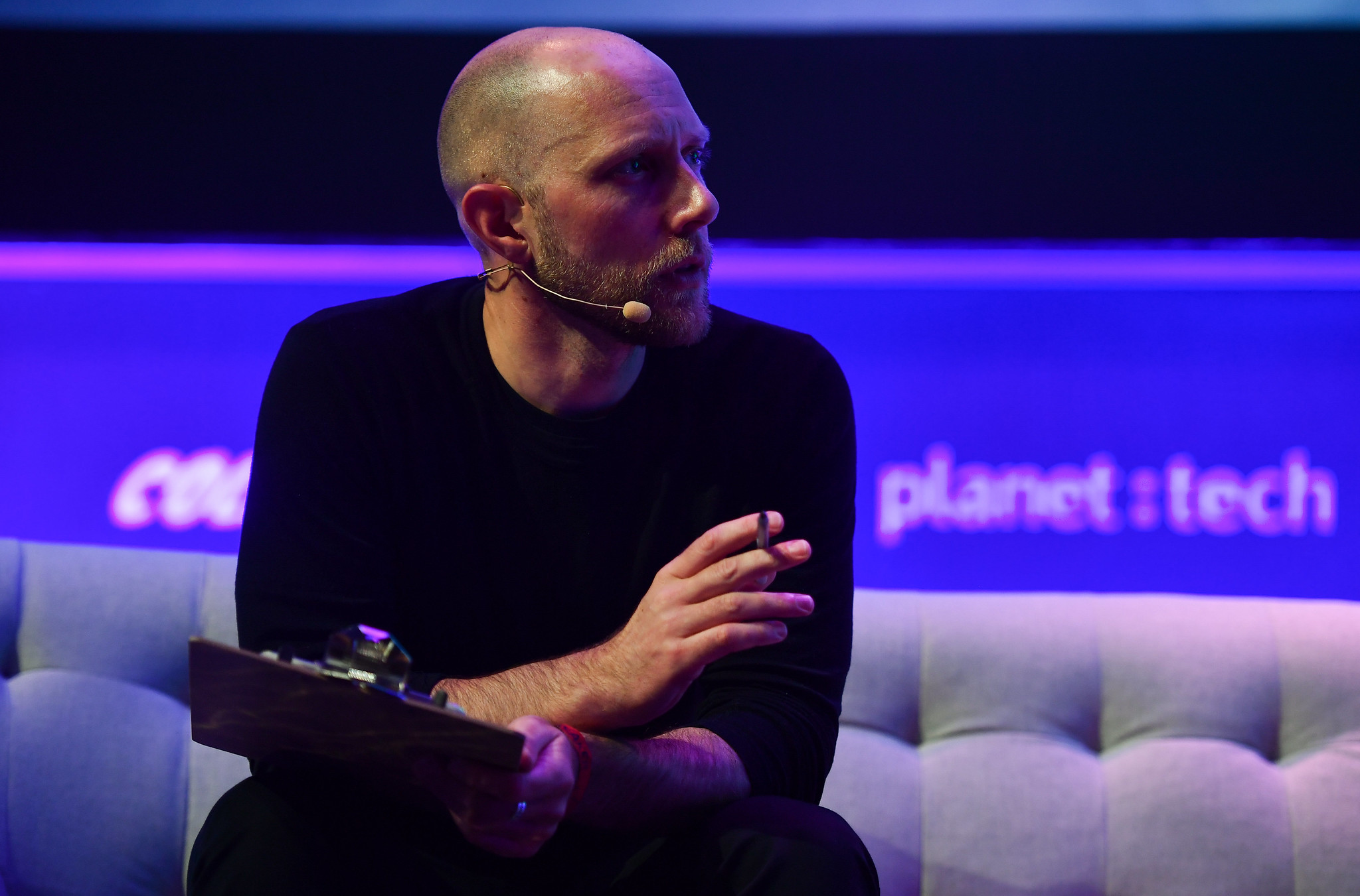 Lucas Joppa, Chief Environmental Officer, Microsoft, on planet : tech Stage during day one of Collision 2019 at Enercare Center in Toronto, Canad