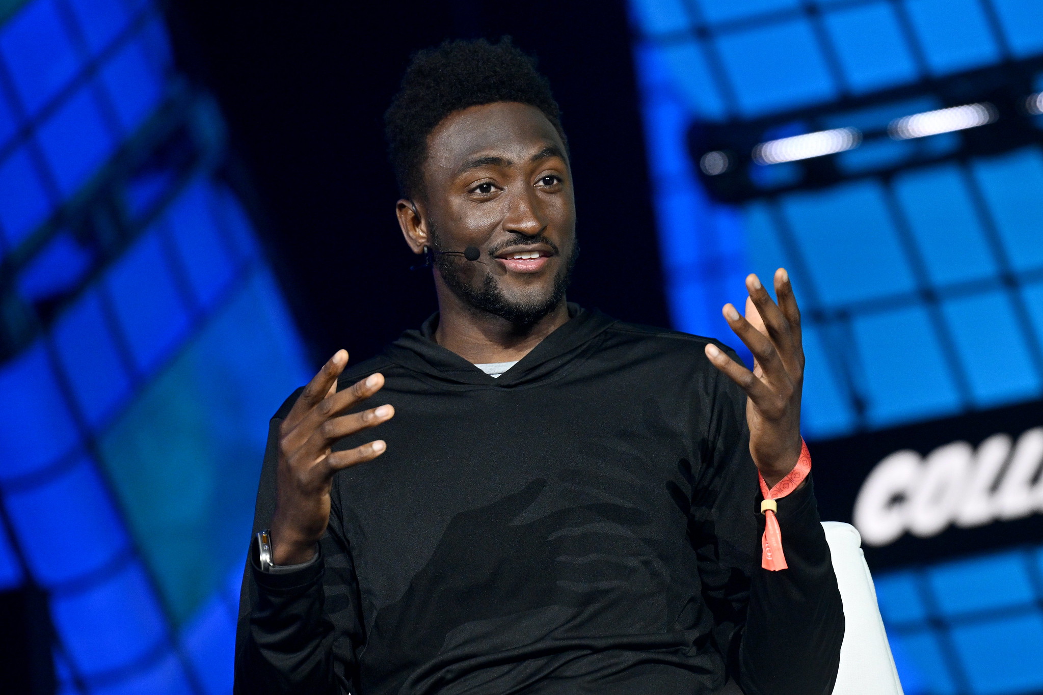 Marques Brownlee, YouTuber & Podcaster, on Centre Stage during day one of Collision 2023 at Enercare Centre in Toronto, Canada