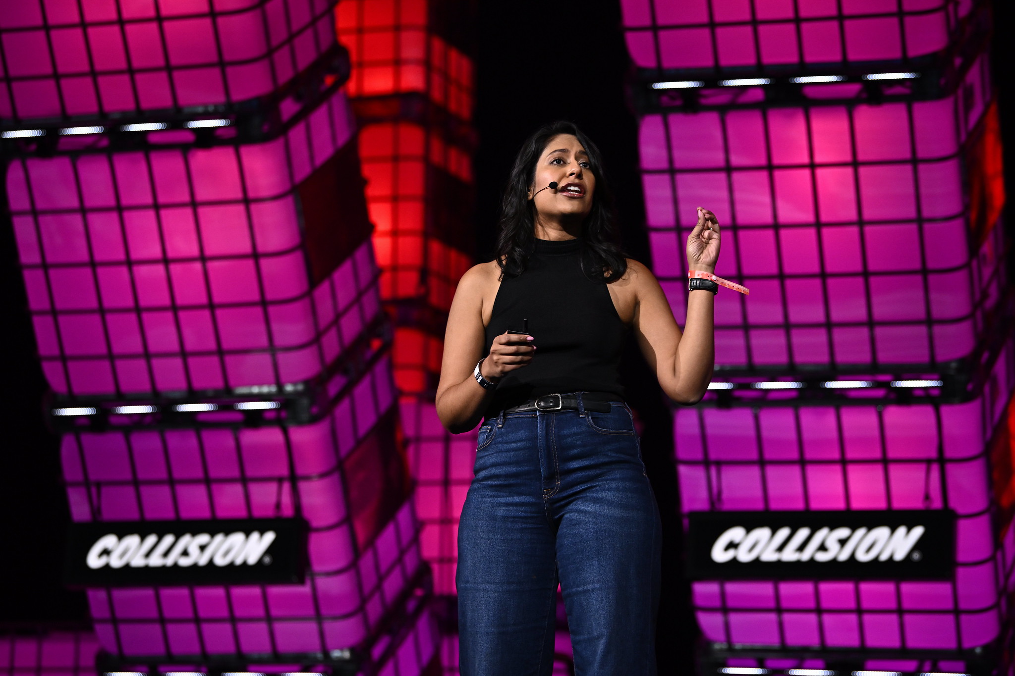 Azrah Manji-Savin, CEO & Co-Founder, Syzl, on Center Stage during day three of Collision 2023 at Enercare Centre in Toronto, Canada