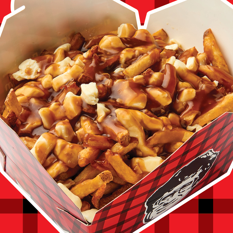 close up of a takeaway box with poutine