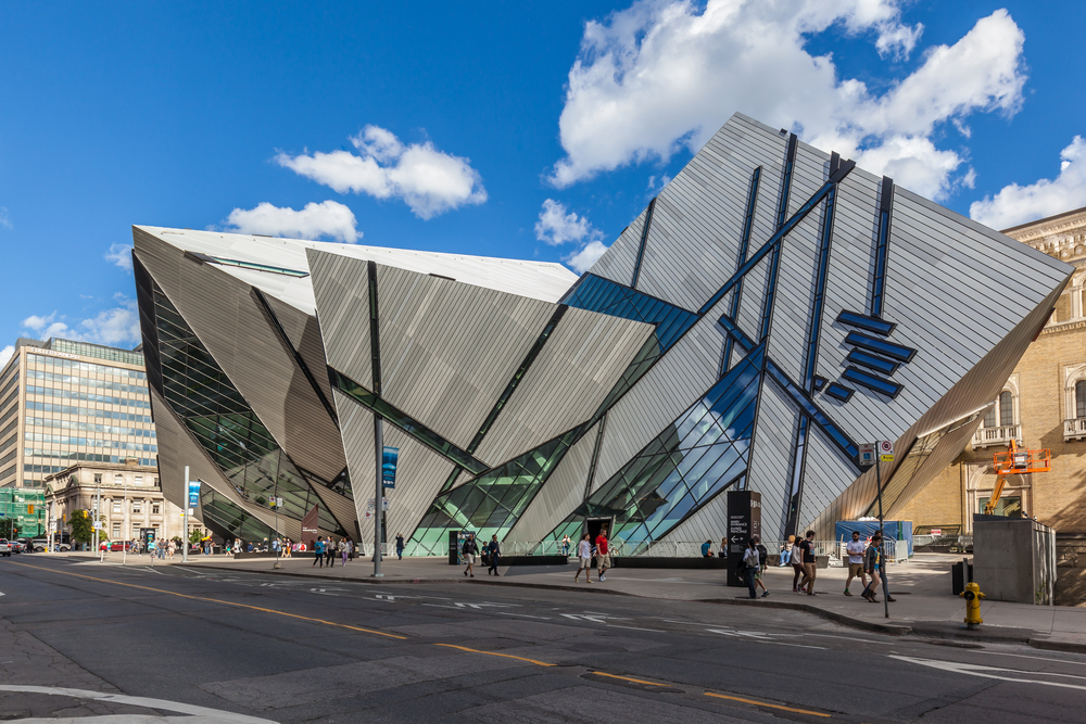 Front of Royal Ontario Museum. Large, modern building with sharp edges and asymetric structure