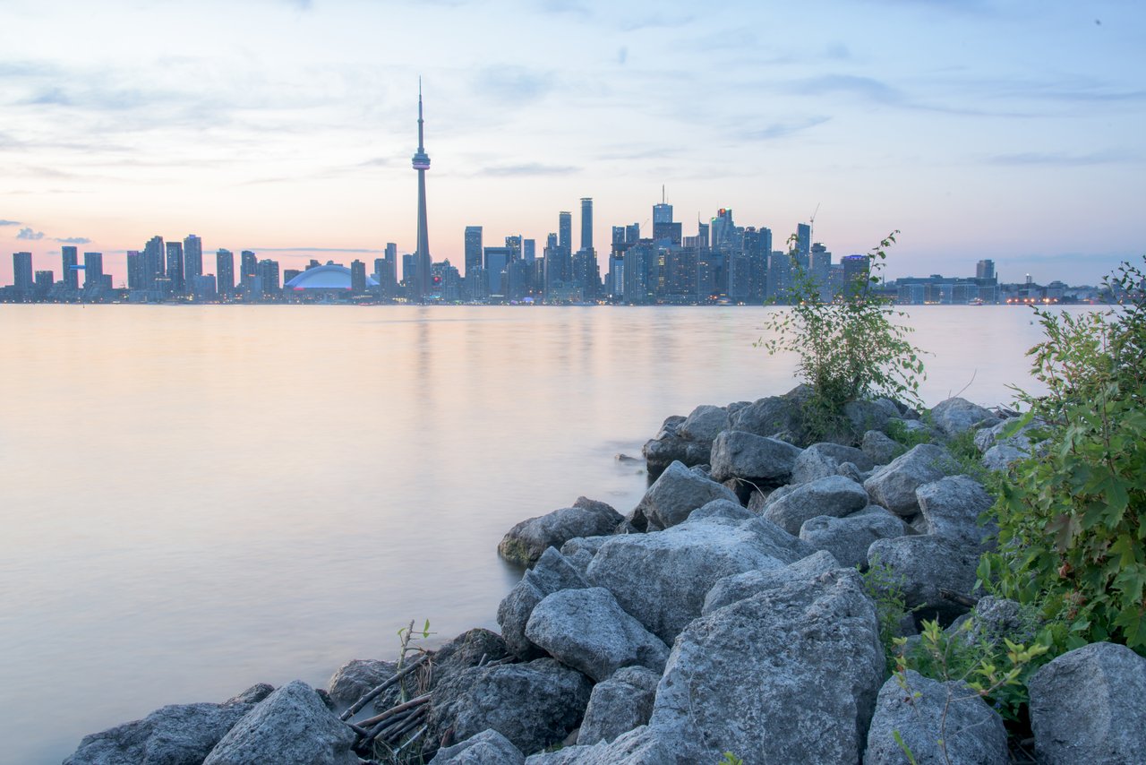 Views of the Toronto skyline from the islands at sunset